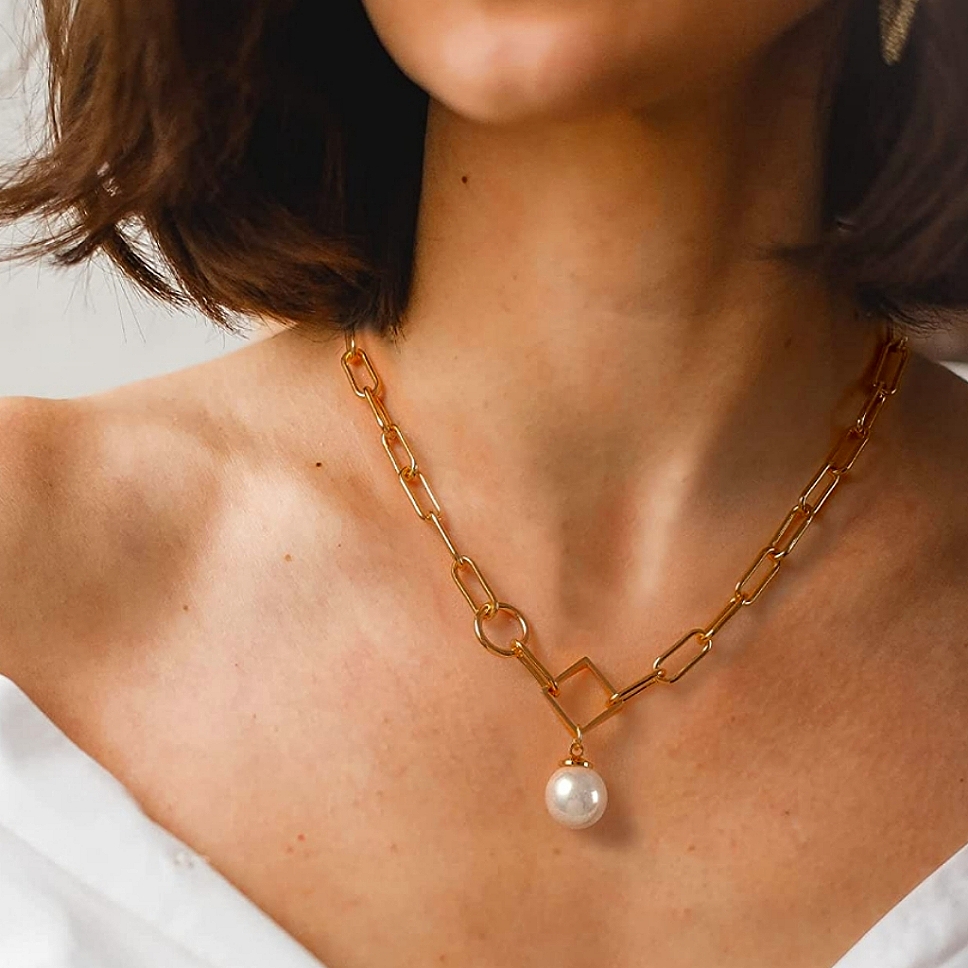 14k Gold Plated Paperclip Chain Pearl Art Style Necklace